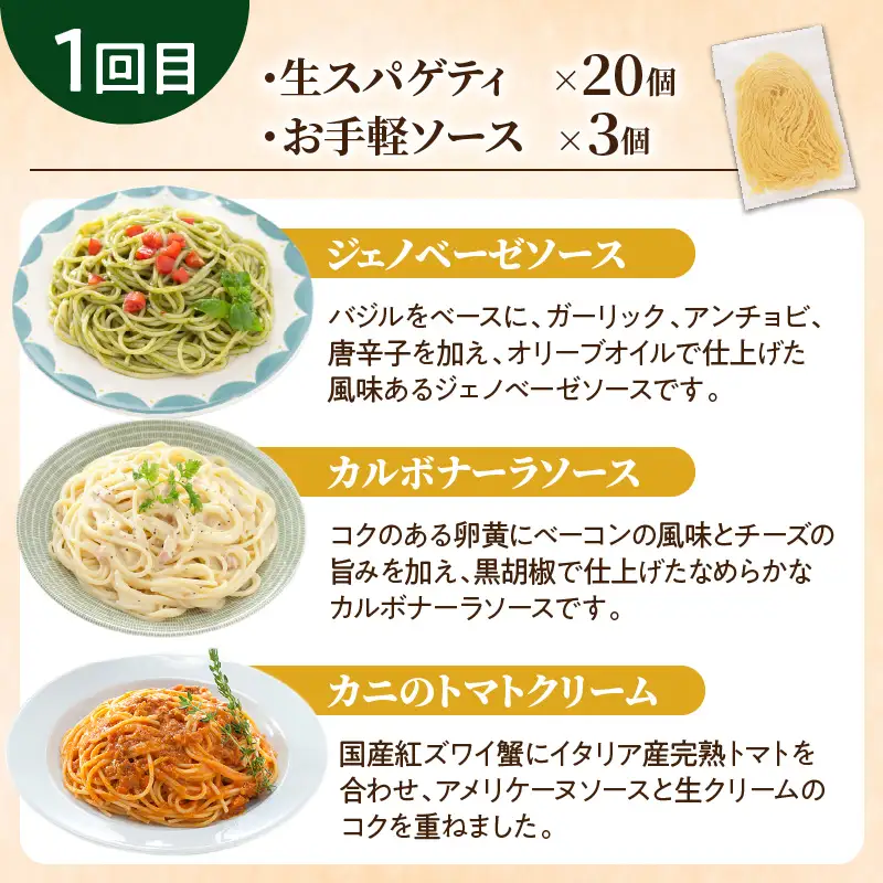 【3ヶ月 定期便】生スパゲティ 20個 お手軽 ソース 3個付き K036-T07
