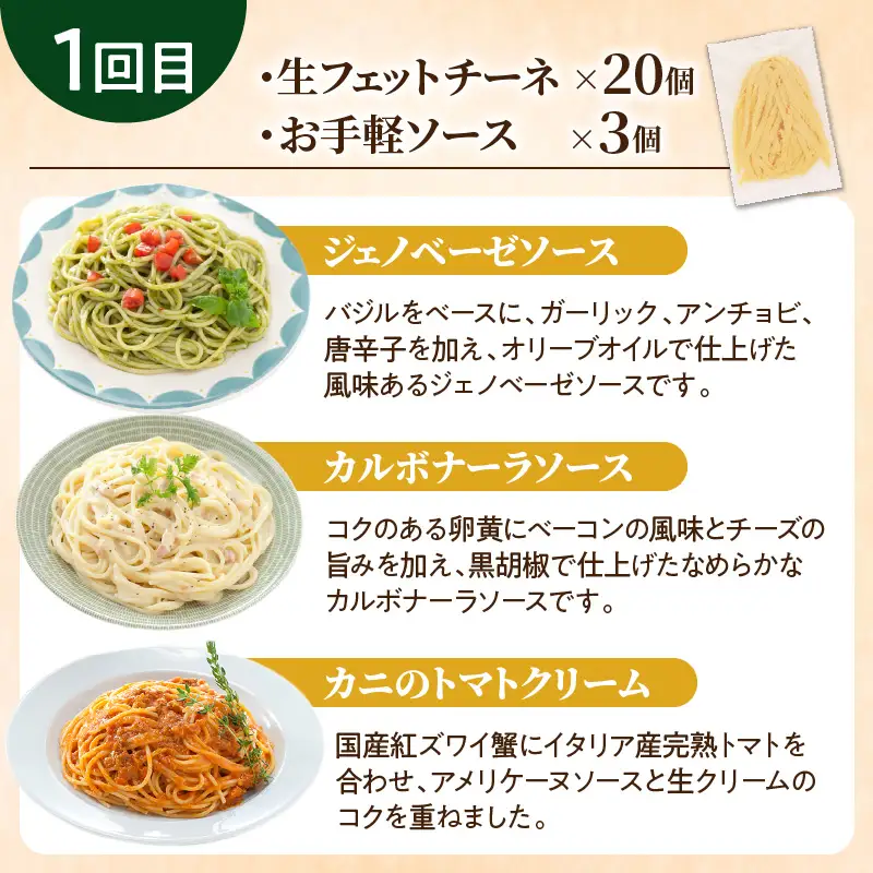 【3ヶ月 定期便】生フェットチーネ 20個 お手軽 ソース 3個付き K036-T08