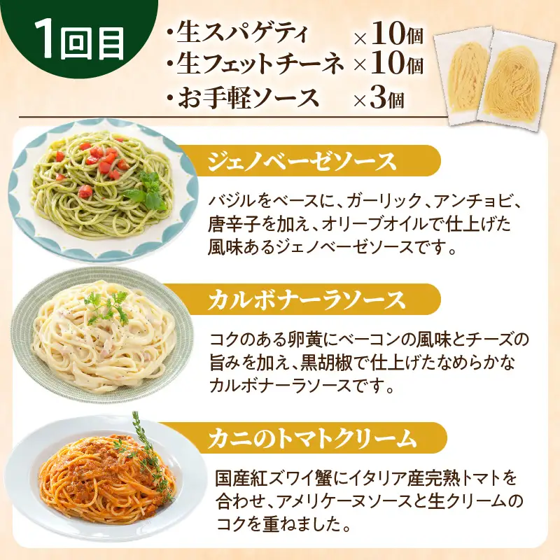 【3ヶ月 定期便】生スパゲティ 10個 × 生フェットチーネ 10個 お手軽 ソース 3個 付き K036-T09