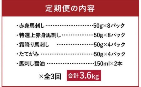 【3か月定期便】熊本馬刺し 豪華4種盛りセット 馬刺し醤油2本つき 赤身 上赤身 霜降り たてがみ