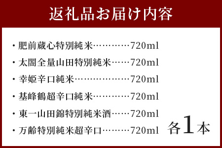 【TheSAGA認定酒】720ml 純米酒バラエティセット 合計6本(佐賀県共通返礼品) 2022春・秋 Aコース【肥前蔵心・太閤・幸姫・基峰鶴・東一・万齢】E-115
