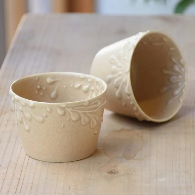 いっちん文様 陶器製 そば猪口 柔らか亜麻色 2個セット 食器 陶器 器 小鉢 おちょこ 手づくり 焼き物 おしゃれ 広島県 呉市 ku016-007-r