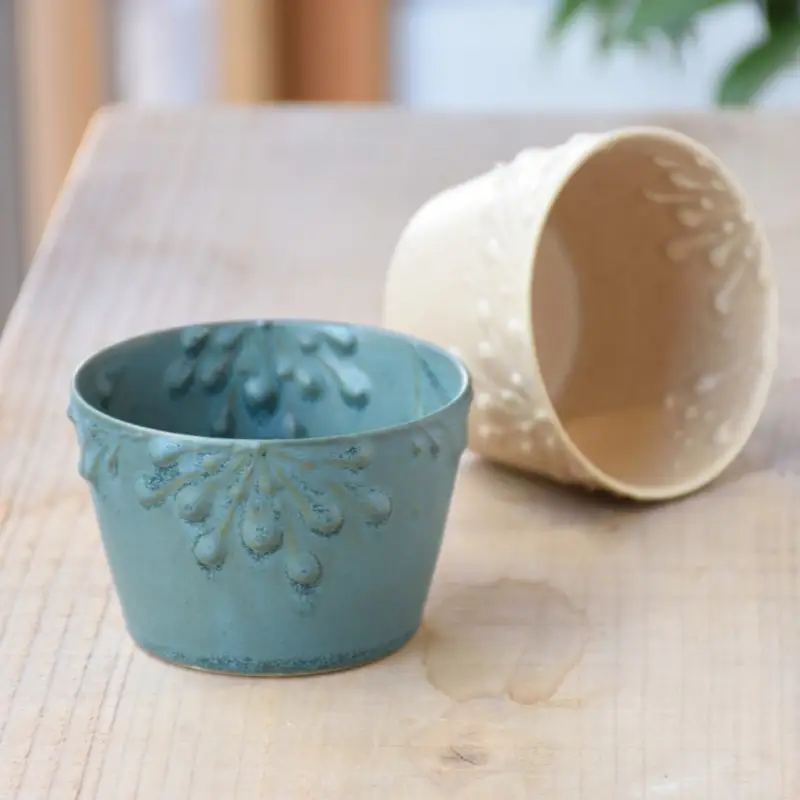 いっちん文様 陶器製 そば猪口 亜麻色と錆浅葱色の仲良しペアセット 食器 陶器 器 小鉢 おちょこ 手づくり 焼き物 おしゃれ 広島県 呉市 ku016-008-r