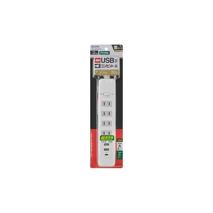 電源タップ 耐雷サージ PD20W USBポート付き（Type-A・Type-C）コンセント4個口 2ｍ WLS-4322SUC(W) 