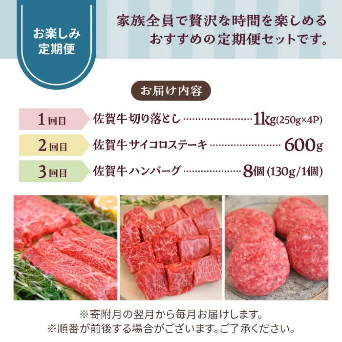 【3回定期便】佐賀牛 家族向け お楽しみ 定期便 / 牛肉 [IAH218]