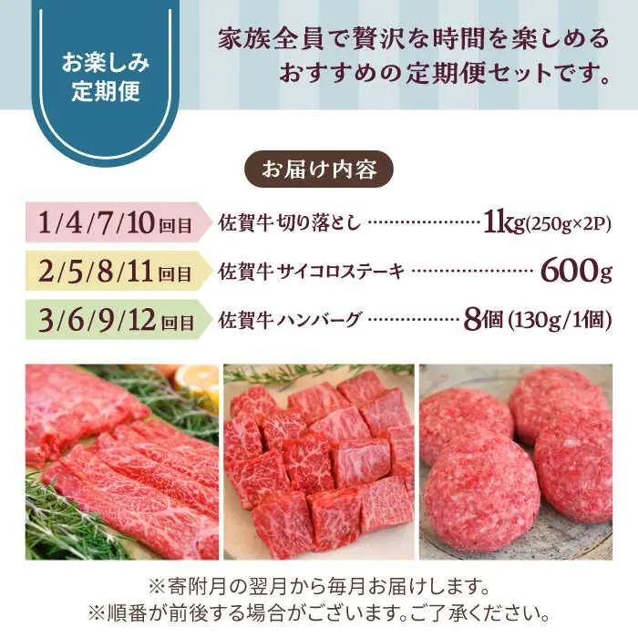 【12回定期便】佐賀牛 家族向け お楽しみ 定期便 / 牛肉 [IAH220]