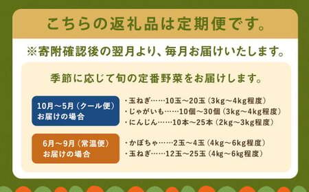 【定期便 3回コース】定番野菜セット定期便 どっさり！約10kg×3回コース じゃがいも 玉ねぎ にんじん かぼちゃ