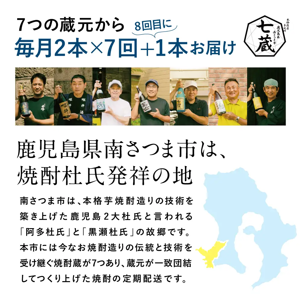 【焼酎定期便 全8回】本格芋焼酎 蔵元厳選定期便 計15本（14銘柄＋1銘柄） 焼酎 芋焼酎 飲み比べ セット ハイボール 720ml 900ml  本坊酒造 東酒造 萬世酒造 吹上焼酎 杜氏の里笠沙 宇都酒造 櫻井酒造 鹿児島県 南さつま市 七蔵