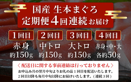 定期便 ≪4カ月連続お届け≫ おすすめ！まぐろの王様！生本まぐろ 食べ比べ 定期便 計4回 【 大とろ  中トロ 赤身 刺身 冷蔵 お取り寄せ グルメ】  [e04-c017]