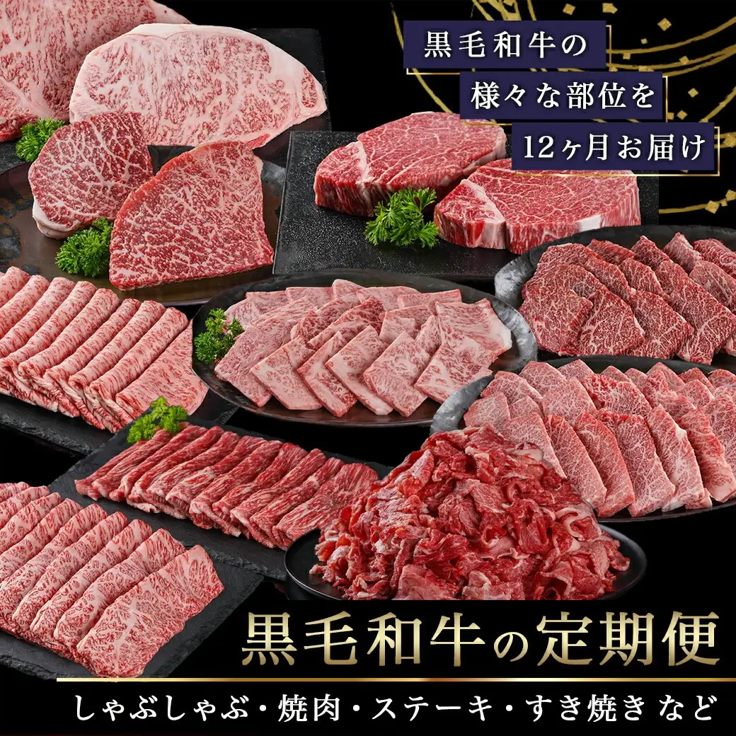 黒毛和牛の本気!食べ尽くし12ヶ月定期便〔TAC12-4201〕_(都城市) 国産 黒毛和牛 和牛 肩ローススライス サーロインステーキ 小間切り落とし 霜降りカルビ モモステーキ 赤身カルビ ロース焼肉 モモスライス ローススライス ヒレステーキ 定期便