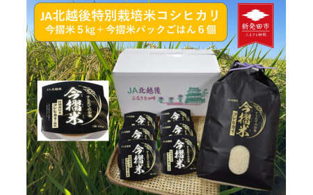 令和6年産 JA北越後特別栽培米コシヒカリ（今摺米5㎏＋今摺米パックごはん6個）セット　【 新潟県 JA北越後 北越後農業協同組合 米 コシヒカリ 5kg 今摺米 パックごはん150g 6個 レトルト 特別栽培米 セット 防災 保存食 備蓄 D65_01 】