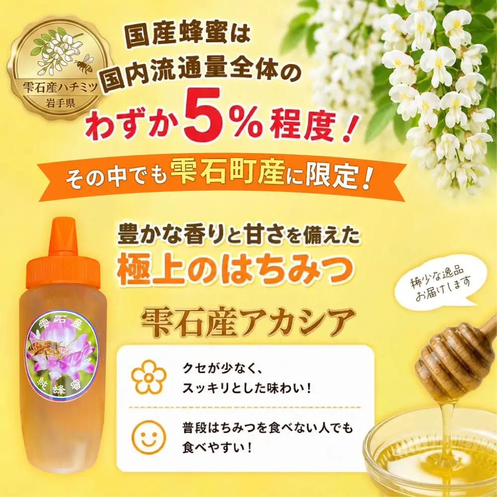 雫石純蜂蜜 アカシア 500g 1本 【あねっこ】 純粋 蜂蜜 はちみつ ハチミツ ハニー ５００ｇ １本 国産 国内産 日本産 ボトル 長期保存 産地直送 アカシヤ 蜜 みつ ミツ 人気 稀少 希少 お取り寄せ プレゼント 贈り物 仕送り 家庭用 自宅用 常温発送 調味料 隠し味 おすすめ
