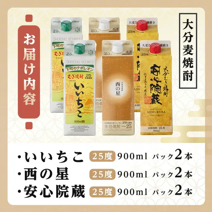 大分むぎ焼酎飲み比べセット(計5.4L・900ml×6本)酒 お酒 むぎ焼酎 900ml いいちこ 西の星 安心院蔵 麦焼酎 常温 飲み比べ 紙パック セット【106104701】【酒のひろた】