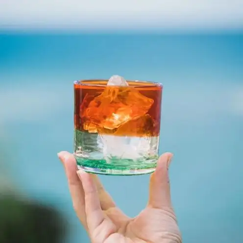 【RYUKYU GLASS WORKS 海風】ロックグラス「残波の夕日・緑」