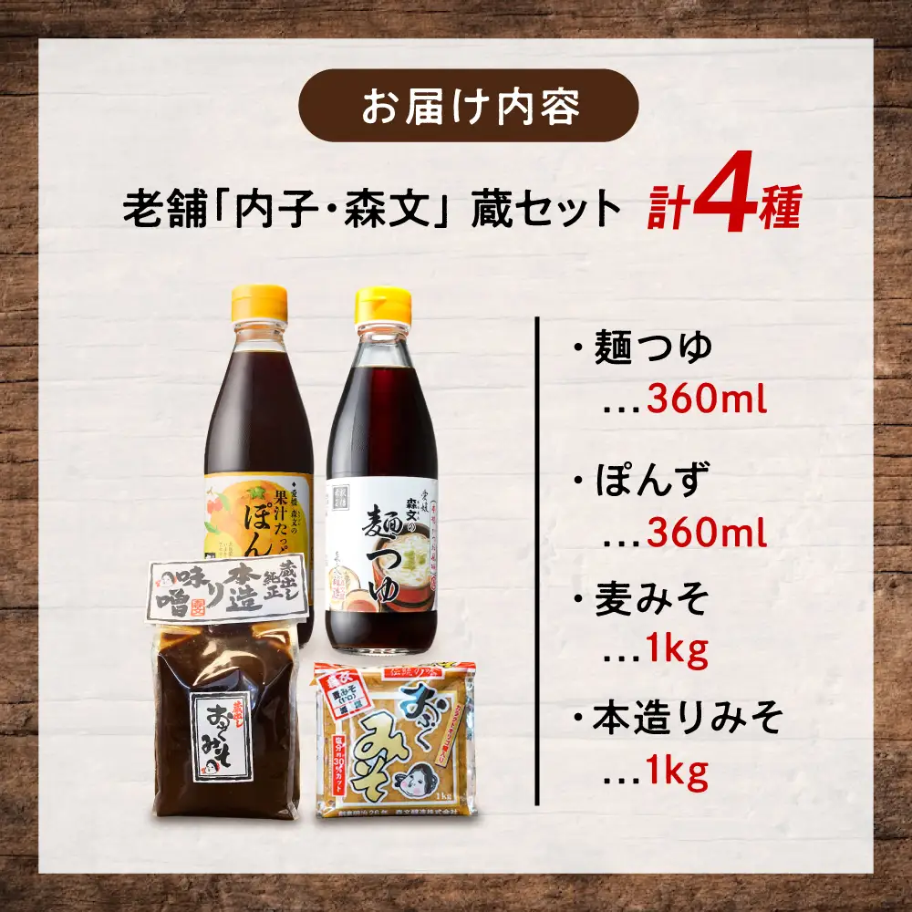 蔵セット(ぽん酢、麺つゆ、麦みそ、本造りみそ各1個） BKAA008 調味料