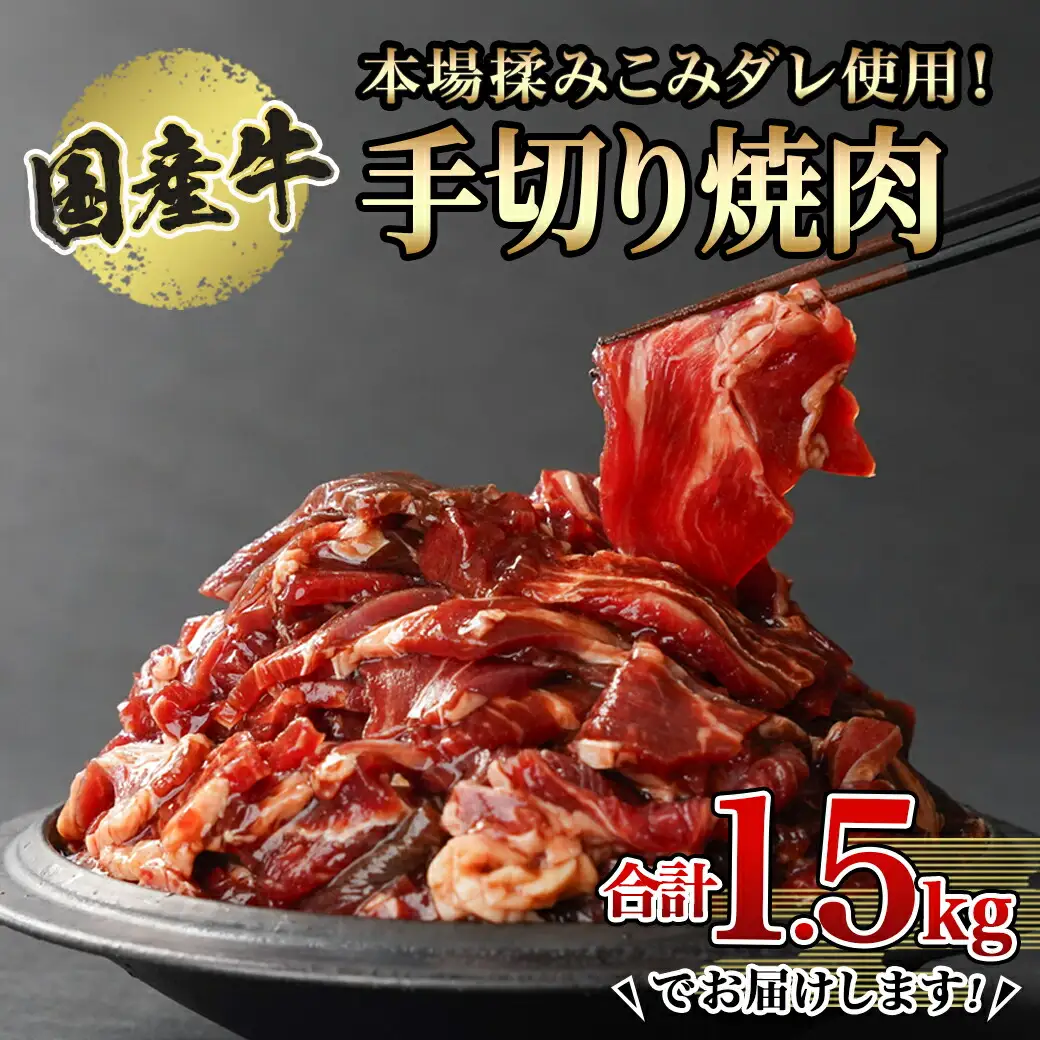 本場揉みこみダレ使用!国産牛手切り焼肉1.5kg〔12-3608〕_(都城市) 国産牛 焼肉 バラ ロース 肩ロース タレ漬 500g×3袋 1.5kg