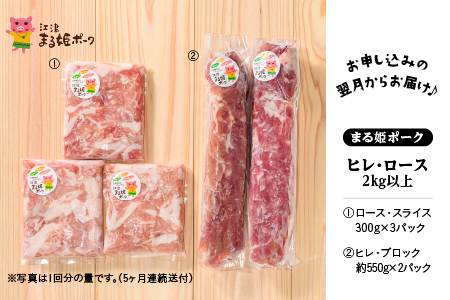 5カ月定期便 まる姫ポーク　ヒレ・ブロック（約550g×2）・ロース・スライス（300g×3）約2kg以上【AK-42】｜送料無料 国産 まる姫ポーク 豚肉 ぶた肉 肉 ヒレブロック ヒレ ローススライス ロース BBQ 定期便 小分け パック 江津市｜