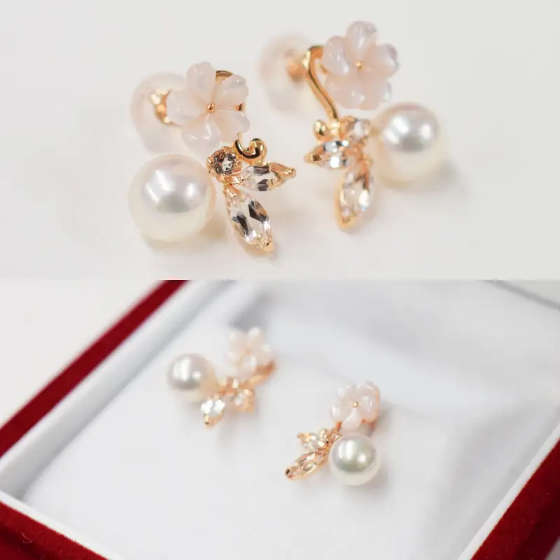 S085-302_5.5mm - 6mm K18PG ホワイトトパーズ シェル ピアス 半貴石 真珠 ピアス ピンク 花珠級 ベビーパール 両耳