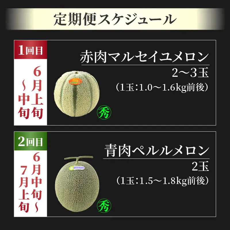 【先行予約】《定期便全2回》佐藤農園のメロン好きにはたまらん！赤肉青肉食べ比べ（マルセイユ・ペルルメロン）計4～5玉 農家直送 秀品 お届け！/ 特産 旬 夏 果物 完熟 メロン 朝どれ 美味しい お取り寄せ ※2027年5月下旬～7月末の間に順次発送 [aw069-b002]