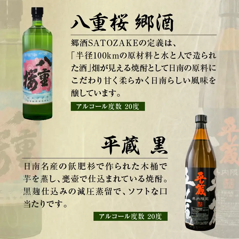 日南 宮崎 焼酎 セットF 20度 各900ml 八重桜 郷酒 日南限定 平蔵 黒 宮崎県内限定 匠蔵 こだわり会限定 かね京かんろ お酒 アルコール 飲料 飲み物 芋焼酎 かめつぼ仕込み 飲み比べ お取り寄せ グルメ 詰め合わせ 京屋酒造 古澤醸造 櫻乃峰酒造 送料無料_BD77-23