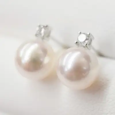 S085-308_7.5-8mm あこや真珠 スタッドピアス ピアス ホワイトピンク K18 ダイヤモンド 0.05ct 【K18WG】