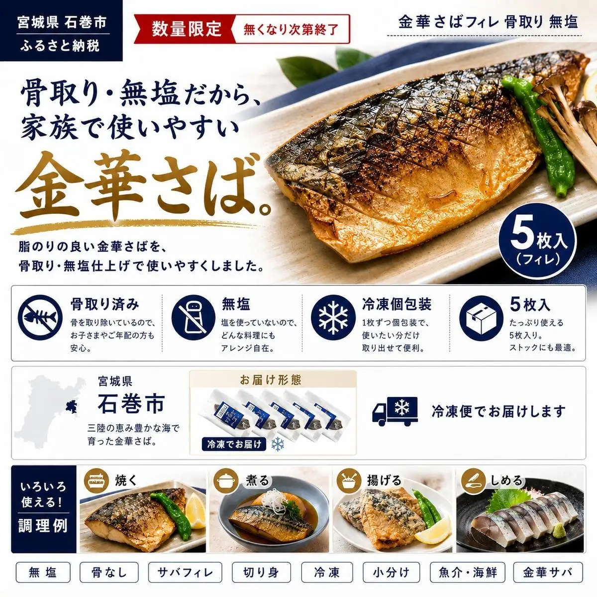 【無塩 サバフィレ】金華さば フィレ 骨なし 5枚入 冷凍 個包装 焼き魚 煮魚 宮城県 石巻市