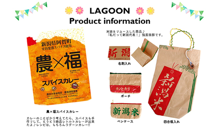 レトルトカレー2個と米袋リユース雑貨2種（ポーチ、名刺入れ） 加工食品 惣菜 日用品 ファッション小物 小物 おもしろ エコ 再利用 簡単調理 お昼ご飯 簡単ご飯 