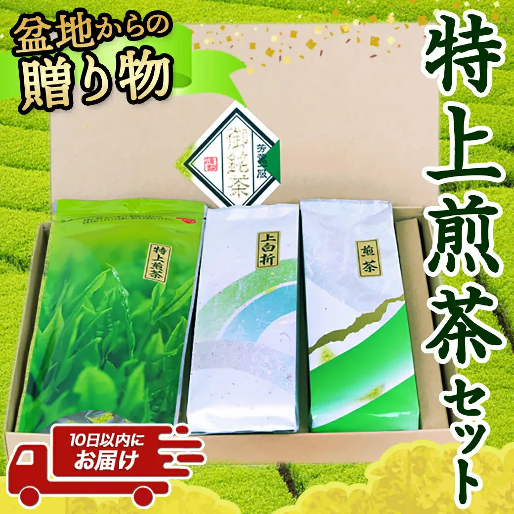 盆地からの贈り物 特上煎茶セット≪みやこんじょ特急便≫〔AA-48-001-Q〕_(都城市) 茶葉 特上煎茶 上白折 煎茶 各80グラム お茶の産地 最高級品 一番茶 Green Tea 水出し ギフト 家庭用 日本茶