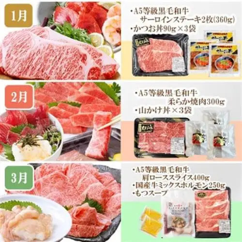 定期便(10回)枕崎お楽しみ便(黒毛和牛・黒豚・まぐろ・かつお・さつまあげ等)II-0025_肉 お肉 牛肉 サーロイン ステーキ 焼肉 ハンバーグ 豚肉 もつ もつ鍋 す シャトーブリアン 中トロ_【配送不可地域：離島】【1166780】