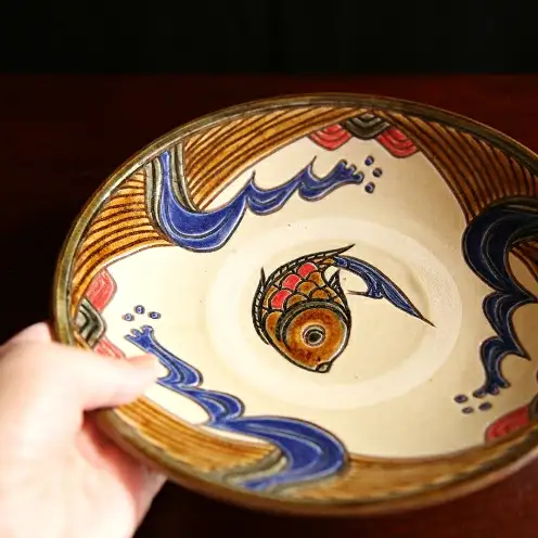 【陶芸工房ふじ】７寸皿（波魚）重ね焼き