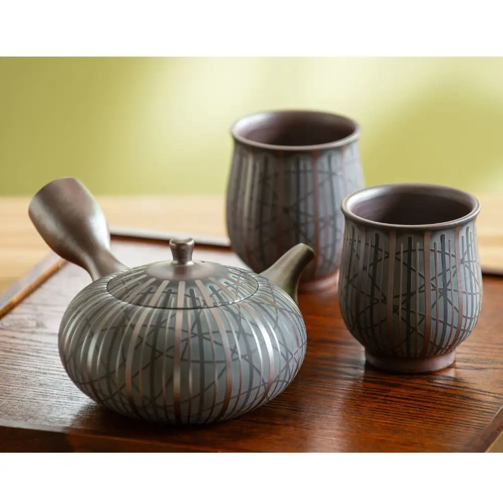 【萬古焼（ばんこやき）】希少 萬古の匠・清水醉月（すいげつ）縞文茶器 ご希望の文字入れ 急須と湯呑のセット
