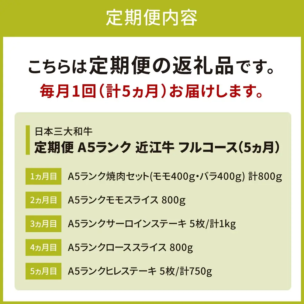 近江牛 定期便 A５ランク フルコース 5カ月 黒毛和牛 切り落し 和牛 国産 ブランド牛 三大和牛 牛肉 冷凍 贈り物 ギフト プレゼント CO04　株式会社びわこフード(近江牛専門店 万葉) 東近江