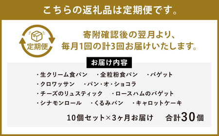 【3ヶ月定期便】konaの日々のパン 10個セット 10種 詰め合わせ ブレッド 食パン クロワッサン シナモンロール くるみパン キャロットケーキ リュスティック パン・オ・ショコラ