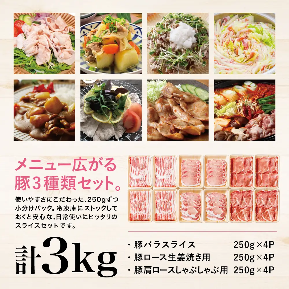 【鹿児島県産】豚肉3種類 計3kg  （250g×12パック）肩ロースしゃぶしゃぶ用・ロース生姜焼き用・バラスライス 国産 豚肉 バラ ロース 冷凍 カミチク