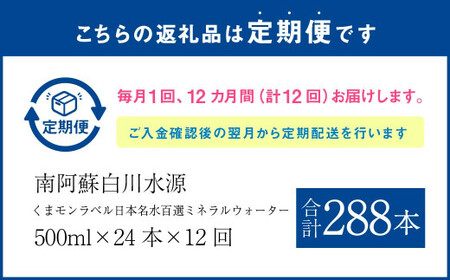 【12か月連続定期便】くまモンラベル日本名水百選ミネラルウォーター「南阿蘇・白川水源」500ml×24本入1ケース×12か月