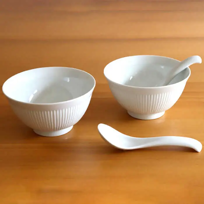 【白山陶器】【よしず彫】丼とレンゲ 白磁 4ピースセット[TA145]