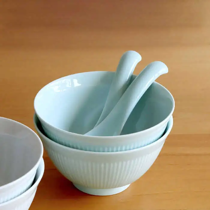 【白山陶器】【よしず彫】丼とレンゲ 青白釉 4ピースセット[TA146]