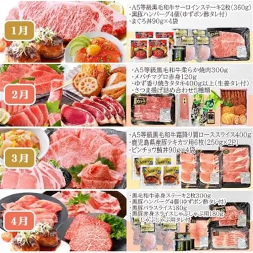 定期便(12回配送)お楽しみ便(A5等級黒毛和牛・黒豚・かつお・まぐろ・さつまあげ等)JJ-6002_肉 お肉 牛肉 サーロイン ステーキ 焼肉 ハンバーグ 切り落とし 豚肉 ロース バラ しゃぶしゃぶ 餃子 鰹_【配送不可地域：離島】【1166755】