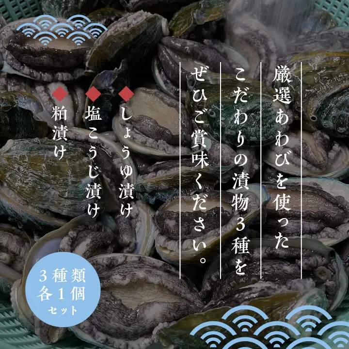 国産あわびの漬物3種セット しょうゆ漬け 塩こうじ漬け 粕漬け【ジェーケーワンフーヅ株式会社】