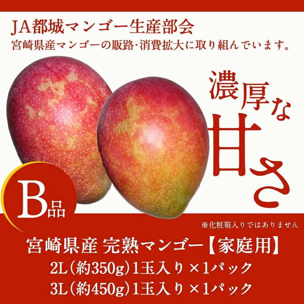【先行受付!】宮崎県産完熟マンゴー(B品)【2L×1玉、3L×1玉】≪2026年5月中旬以降順次お届け≫〔21-0101〕_(都城市) 宮崎県産完熟マンゴー 【B等級】 2L 3L 完熟マンゴー 甘く芳醇な香り「2玉」セット