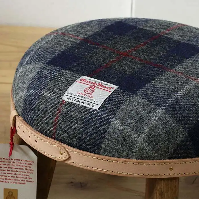 まぁるいスツール【ネイビー&グレーチェック×ブラウン】 子供 椅子イスキッズ HARRIS TWEED（ハリスツイード） 家具