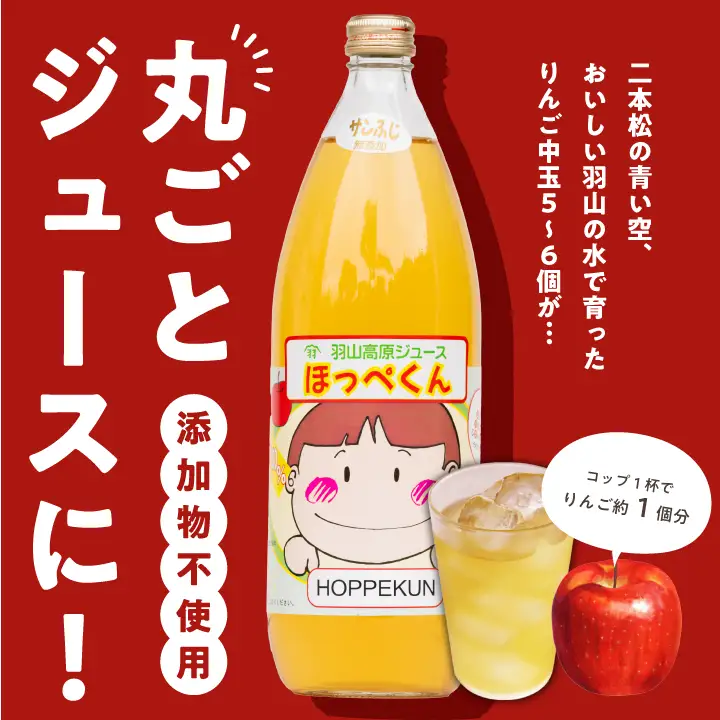 りんごジュース 果汁100％ 羽山のりんご ほっぺくん 大瓶（1L×3本）|りんごジュース【羽山果樹組合】
