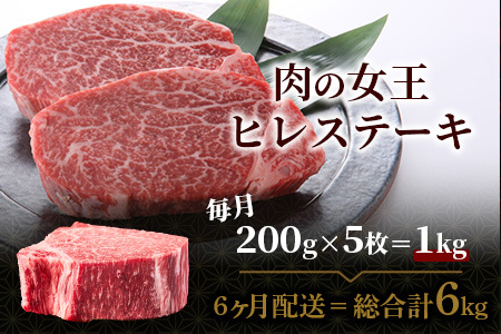 佐賀牛　肉の嬢王ヒレ肉ステーキ用（200ｇ×5枚）　６回定期便　総重量6kg W-7