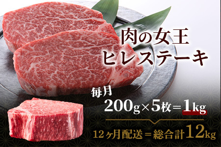 佐賀牛　肉の嬢王ヒレ肉ステーキ用（200g×5枚）　１２回定期便　総重量12kg