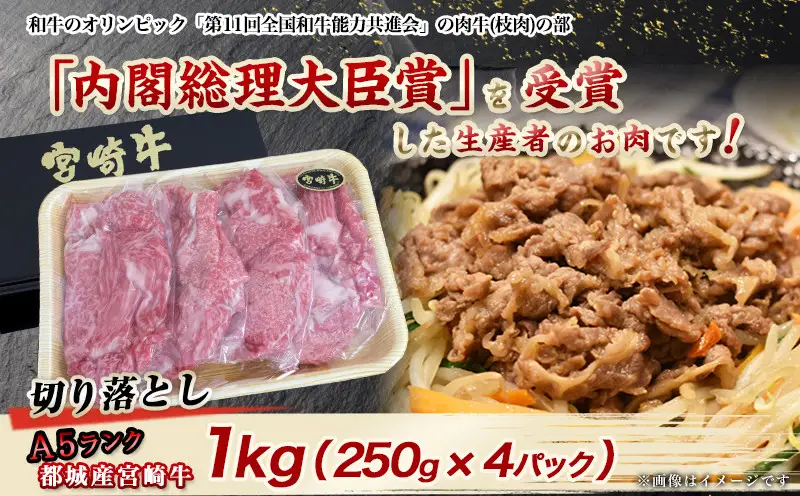 宮崎牛切り落とし(A5) 〔AC-A0-001〕_ (都城市) 牛肉 都城産宮崎牛(A5) 切り落とし 1kg(250g×4パック) 『内閣総理大臣賞』を受賞した生産者のお肉です！ ブランド牛 国産黒毛和牛 霜降り 切落し合計1キロ すき焼き・しゃぶしゃぶに A5等級