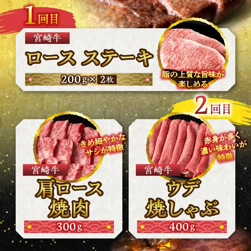 ステーキ・焼肉・焼きしゃぶ 宮崎牛食べ比べ定期便(総重量1.7kg) 牛肉 焼肉 しゃぶしゃぶ ステーキ