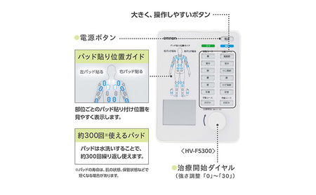 オムロン 電気治療器 HV-F5300 健康機器 ヘルスケア 強さ調節 お好み治療 こり治療 自動コース 手動コース 痛み治療 装着位置ガイド 