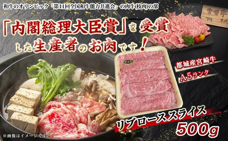 宮崎牛リブローススライス500g (A5) 〔AD-A0-004〕_(都城市) 牛肉 都城産宮崎牛 国産黒毛和牛『内閣総理大臣賞』を受賞した生産者のお肉です！ 最上級ランクのA5等級 霜降り牛肉 すき焼き/しゃぶしゃぶに A5ランク ギフト 贈答用