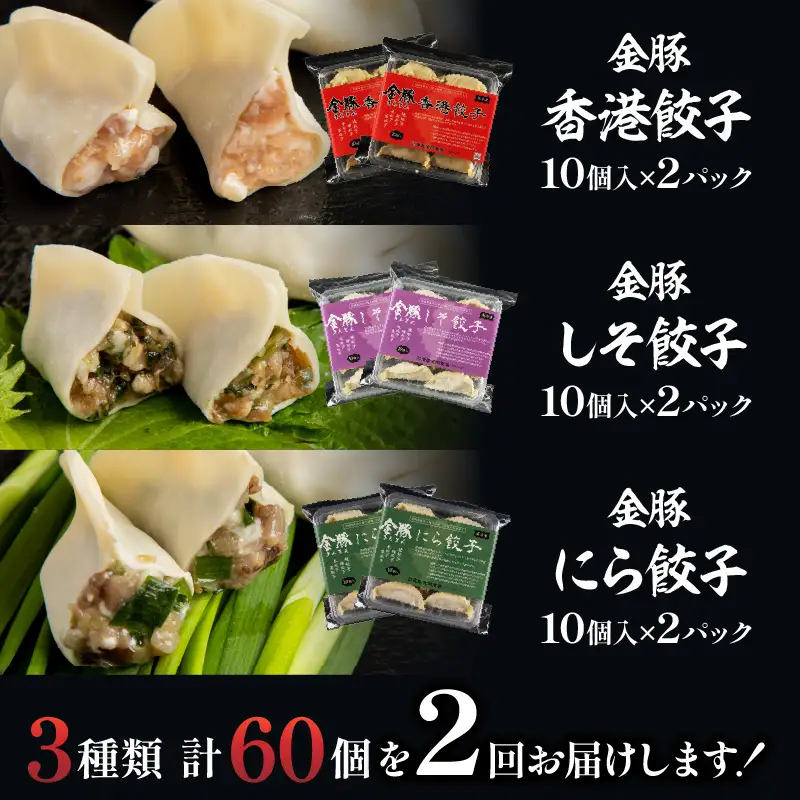 【定期便 全2回】金豚餃子セット（香港餃子・しそ餃子・にら餃子　1パック10個入×各2パック） ぎょうざ 冷凍餃子 おかず