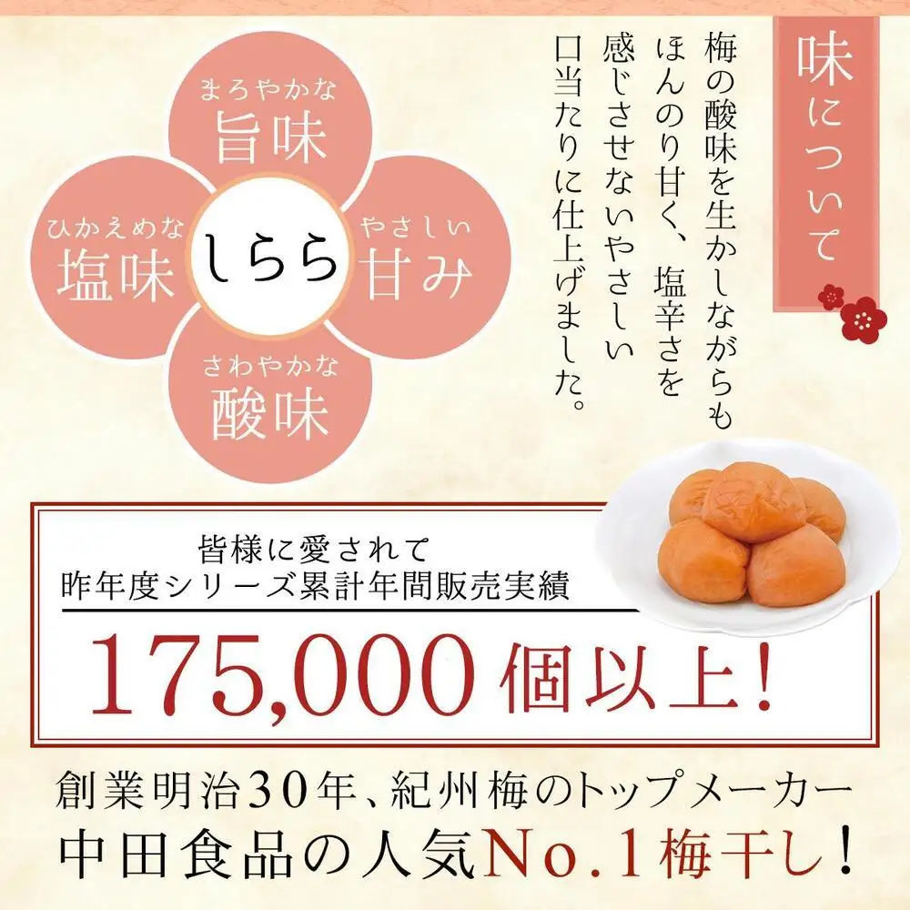 紀州産南高梅 梅干し しらら 1kg  減塩 梅干 塩分5% 中田食品